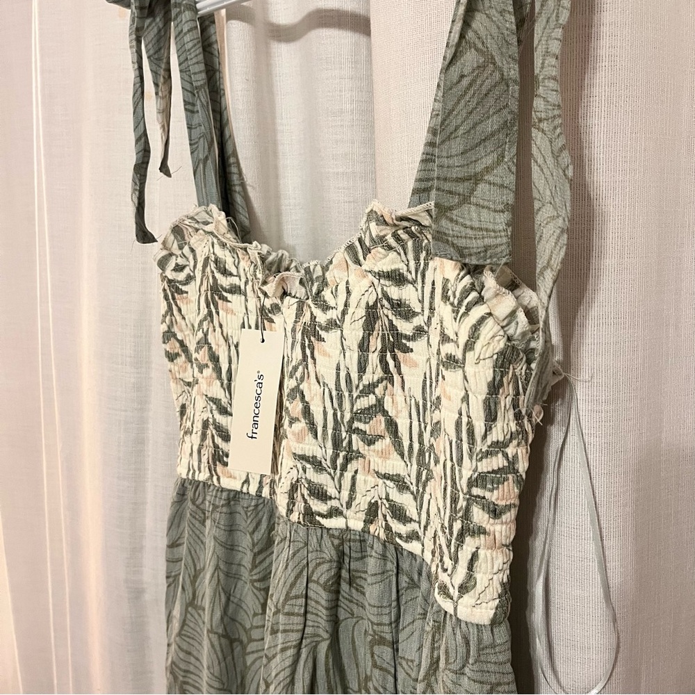 NEW Sage Green Elena Leaf Print Block Bow Strap Midi Dress Size Medium